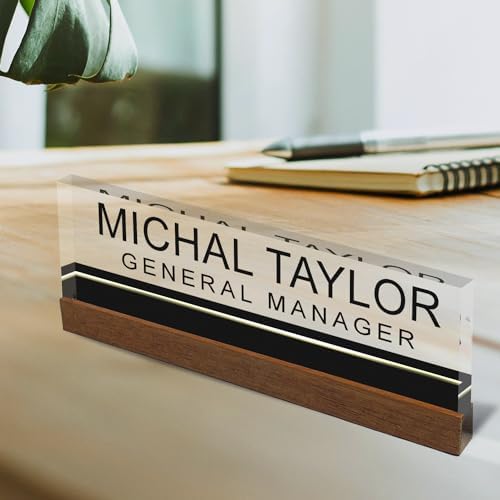 Artblox Personalized Office Desk Name Plate and Business Card Holder | Clear Acrylic Glass with Teak Wood Stand | Black Stripe Design Customized with Your Name and Credentials Office Desk Decor - Image 2