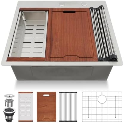 Lordear Drop In Kitchen Sink 25 Inch Stainless Steel Drop In Workstation Sinks 16 Gauge Ledge Workstation 25x22 Drop-in Topmount Single Bowl Kitchen Sink With Accessories by LORDEAR