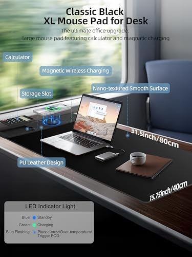 Mouse Pad 31.5x15.75 Inch with Calculator, 15W Magnetic Wireless Charging Desk Mat, XXL Desk Pad, Home Office Large Keyboard Pad with Ultra-Smooth Surface, Non-Slip Base (Black with 20W PD Charger) - Image 2