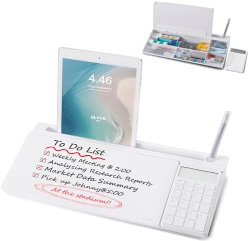 Small Glass Desktop Whiteboard Dry-Erase-Board - Computer Keyboard Stand with Calculator White Board Surface Pad with Drawer, Desk Organizers with Accessories for Office, Home, School Supplies - White by TSJOFFICE-WipeCleanThinkGreenWorkSmart