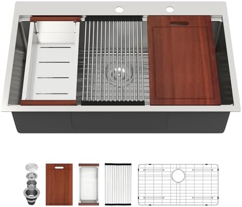 Sarlai 36 Inch Drop In Kitchen Sink - 36x22 Drop Kitchen Sink Ledge Workstation 16 Gauge Stainless Steel Sink Topmount Single Bowl Over Counter Kitchen Sinks Basin Round Corners by Sarlai