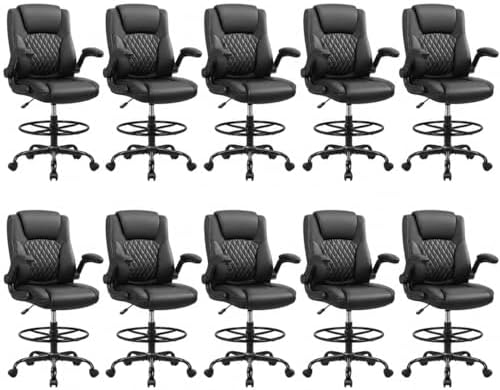 Drafting Chair, Tall Office Chair for Standing Desk, High Executive Leather Ergonomic Computer Chair with Adjustable Height and Flip-Up Armrest for Counter Height Desk, Black, Pack of 10 by BrickAttic