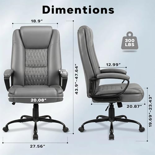 Executive Office Chair, Ergonomic High Back Desk Chair with Lumbar Support, Adjustable Big and Tall Computer Chair, 360° Swivel, PU Leather, Grey - Image 3