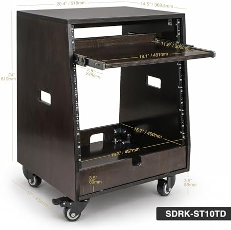 Sound Town DIY Slanted 10U Studio Rack (2U Top + 8U Lower) with 2U Bottom Storage, Slide-Out Tray, Casters, for Home Studio and Recording Room, Birch Plywood, Black Espresso (SDRK-ST10TD) - Image 4