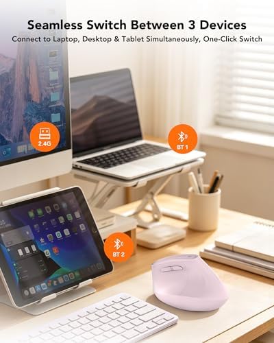 KYSONA Ergonomic Mouse Wireless, Bluetooth Vertical Mouse, 5-Level Adjustable DPI, 2.4G Silent Switch Mice for Windows, MacOS, IPadOS, Laptop, PC, Pink - Image 5