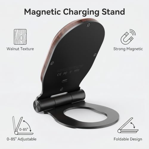 Walnut Wood Foldable Wireless Charger Stand, Magnetic 15W Fast Charging Dock with 0-85° Adjustable Angle, Compatible with MagSafe for iPhone 18/17/16/15/14/13/12 Series, Desk & Nightstand Decor - Image 4