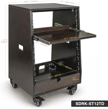 Sound Town DIY Slanted 12U Studio Rack (4U Top + 8U Lower) with 2U Bottom Storage, Slide-Out Tray, Casters, for Home Studio and Recording Room, Birch Plywood, Black Espresso (SDRK-ST12TD) - Image 4