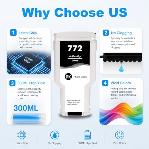 772 Photo Black Ink Cartridge Replacement for 772 CN633A Ink Compatible for DesignJet Z5200 Z5400 Printer,1 Pack, 300ml - Image 2