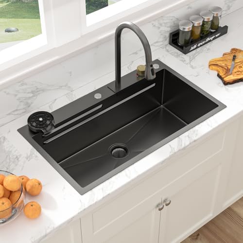 Sarlai 33 Inch Black Waterfall Kitchen Sink 33x19 Drop In Workstation Kitchen Sink Stainless Steel 16 Gauge Topmount Single Bowl Multifunctional Top Mount Sinks with Faucet Combo - Image 3