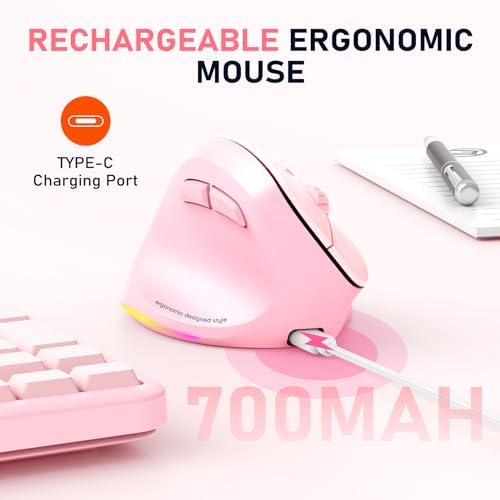 MEETION Left-Handed Wireless Ergonomic Vertical Mouse, Rechargeable - Pink - Image 7