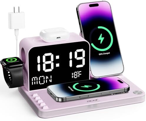 Acer 7-in-1 Wireless Charging Station Charger Stand for Multiple Devices for Apple -iPhone 18 17 16 15 14 13 Pro Max Apple Watch Airpods, Wireless iPhone Charger Station with Bluetooth TimeSync Purple by Unknown