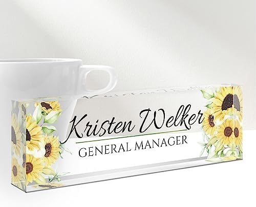 Personalized Office Name Plate for Desk - Custom Employee Appreciation Gifts - Acrylic Desk Name Plate Personalized - Staff Appreciation Gift for Teacher, Coworker, Nurse, Manager (Sunflower) by Gowelly