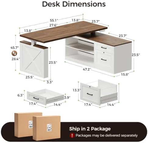 OffiGo 55 Inch Farmhouse L Shaped Electric Standing Desk, Walnut+White - Image 2