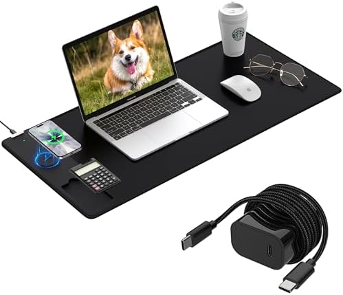 Mouse Pad 31.5x15.75 Inch with Calculator, 15W Magnetic Wireless Charging Desk Mat, XXL Desk Pad, Home Office Large Keyboard Pad with Ultra-Smooth Surface, Non-Slip Base (Black with 20W PD Charger) by miroddi