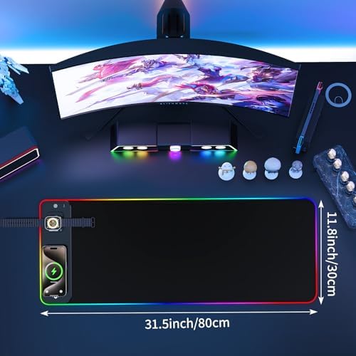 GIM RGB Gaming Mouse Pad with Simultaneous Charging for Phone & iWatch, LED Mouse Mat 800x300x4MM, 14 Light Modes, Non-Slip Rubber Base, Computer Keyboard Mat for Gaming, 20W PD Adapter Included - Image 5