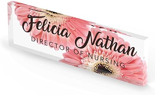 Artblox Personalized Office Desk Name Plate and Business Card Holder | Clear Acrylic Glass with Teak Wood Stand | Pink Daises Design Customized with Your Name and Credentials Office Desk Decor - Image 4