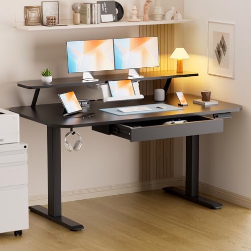 GTPLAYER Electric Standing Desk with Drawers, 55 x 24 Inches Height Adjustable Computer Desk with Monitor Stand, Laptop Stand, Sit Stand up Desk with Memory Preset for Home, Office, Black by GTPLAYER
