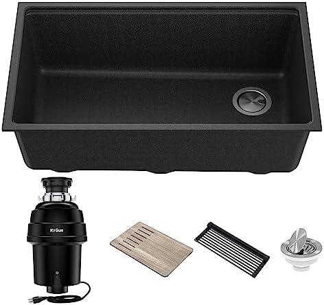 Kraus KGUW2-33MB-100-100, Bellucci Workstation 32 in. Undermount Granite Composite Single Bowl Kitchen Sink in Metallic Black with WasteGuard 1 HP Continuous Feed Garbage Disposal and Accessories by Unknown