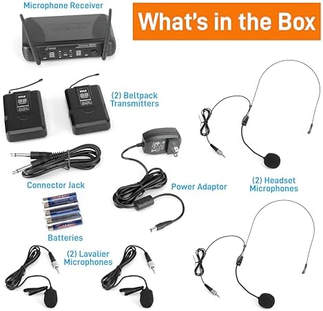 Pyle 2 Channel Wireless Microphone System - Portable UHF Digital Audio Mic Set with 2 Headset, 2 Lavalier lapel, 2 Transmitter, ¼’’ cable, power adapter - For Karaoke, PA, DJ, - PDWM3400,Black - Image 2