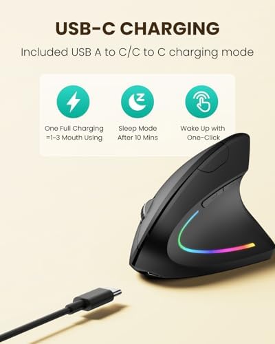 POJTK Ergonomic Wireless Rechargeable Mouse, Bluetooth+USB A+Type C(3 in 1) Connection, 5 Levels Up to 4800 DPI, 6 Silent Buttons, 2.4GHz Carpal Tunnel Vertical Mice, for Laptop, Desktop,MacBook-black - Image 6