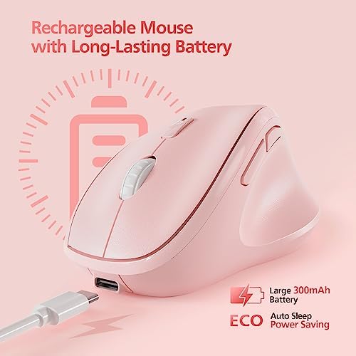 Micropack Wireless Bluetooth Mouse Ergonomic Vertical for Laptop MacBook PC Tablet Rechargeable Silent Click Multi-Device 3-Mode 2.4G Adjustable DPI Compatible with Windows Android iOS MacOS Pink - Image 4