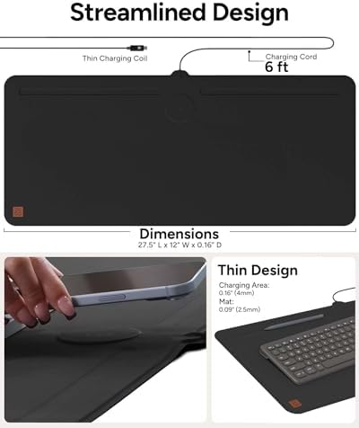 ZAGG Mouse Pad Desk Mat with Wireless Charging for All Devices - 10W Fast Charge, Integrated USB-C, Premium Felt Top, Non-Slip Bottom, Office Organizer, Black - Image 5