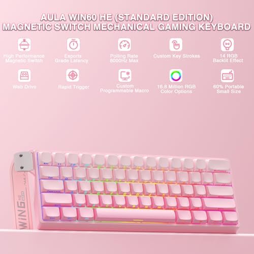 Aula WIN60 HE - 60% Mechanical Gaming Keyboard Wired, Hall Effect Magnetic Switch Hot Swappable,8000 Hz Polling Rate, RGB Keyboard 60 Percent Compact Design for PC (Gradient Pink) - Image 2