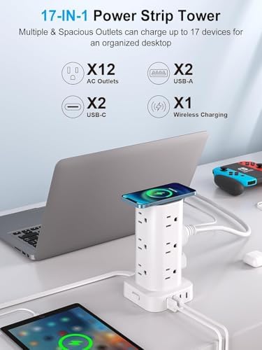 Power Strip Tower with Wireless Charger,Surge Protector with 12 Outlets - Image 2