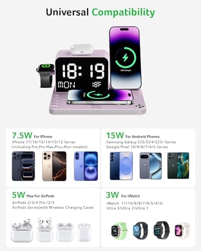 Acer 7-in-1 Wireless Charging Station Charger Stand for Multiple Devices for Apple -iPhone 18 17 16 15 14 13 Pro Max Apple Watch Airpods, Wireless iPhone Charger Station with Bluetooth TimeSync Purple - Image 3