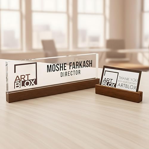 Artblox Personalized Office Desk Name Plate and Business Card Holder | Clear Acrylic Glass with Teak Wood Stand | Business Logo Customized with Your Name and Credentials Office Desk Décor - Image 2