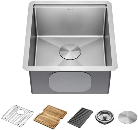 DELTA FAUCET Lorelai 17-inch Workstation Bar Prep Kitchen Sink Undermount 16 Gauge Stainless Steel Single Bowl with WorkFlow Ledge and Kit of 5 Accessories, 95B9032-17S-SS by Unknown