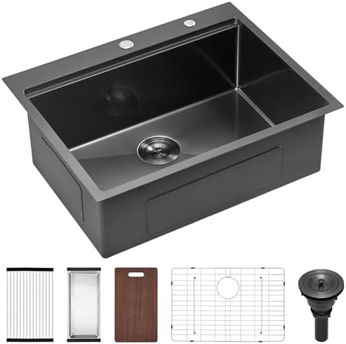 28x22 Black Drop in Workstation Kitchen Sink, Scamall 28x22x10 In 16 Gauge Black Stainless Steel Kitchen Sink with Workstation Topmount Single Bowl Sink Deep with Accessories by Scamall