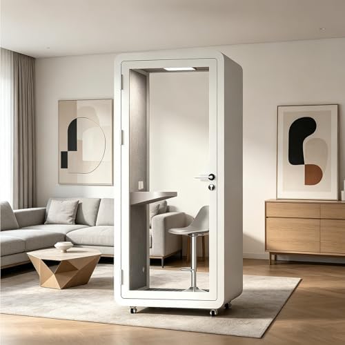 Soundproof Office Pod Booth, Quiet Meeting Pod with LED Lighting & Acoustic Panels, USB Ports, Portable Removable Telephone Booth for Private Phone Calling Reading Study(White,100cm) by Unknown