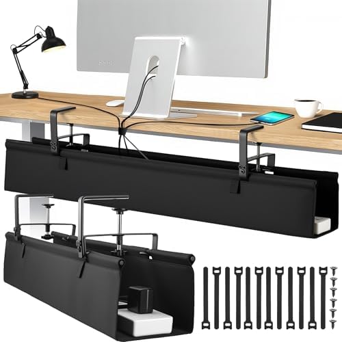 Desk Cable Management Tray, Fabric Cable Organizer, No Drill Large Clamp/Screw Mount Wire Organizer-Support Up to 30lbs, Standing Desk Cable Management for Office Home (Black,28 Inch) by Uawsyut
