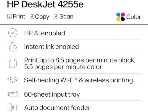 HP DeskJet 4255e Wireless All-in-One Color Inkjet Printer, Scanner, Copier, Best-for-Home, 3 Month Instant Ink Trial Included. This Printer is only 2.4 ghz Capable. AI-Enabled (588S6A) - Image 2