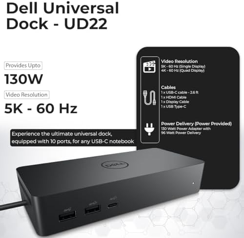 Dell UD22 Docking Station Dual Monitor Bundle - Supports 4K Display, Universal Dock for Dell Laptops with 130W Adapter + 4K HDMI Cable + 4K DisplayPort Cable + USB-C Cable + Microfiber Cloth (Renewed) - Image 3