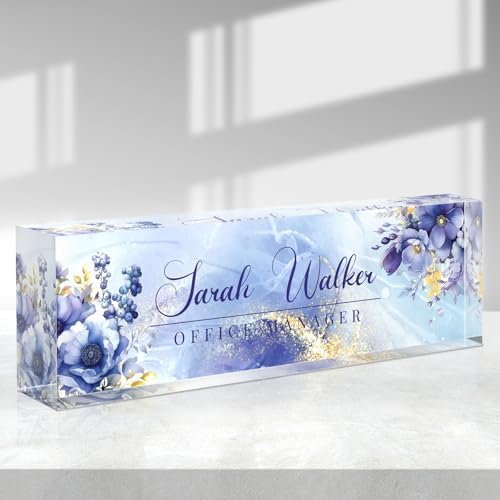 Custom Name Plate for Desk - Desk Name Plate Personalized - Acrylic Office Desk Accessories - Appreciation Gifts for Coworkers Employee Teacher Staff Boss - Office Decor for Women (Purple Flowers B) by Purdicra