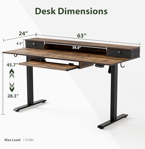 Agilestic 63 Inch Standing Desk with Drawers & Keyboard Tray, Rustic Brown - Image 3