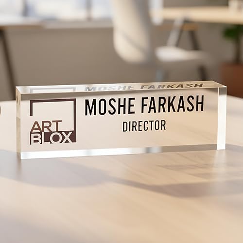 Artblox - Office Desk Name Plate Personalized | Custom Name Plates for Desks with Your Logo On Clear Acrylic Glass - (8" x 2.5") by Artblox