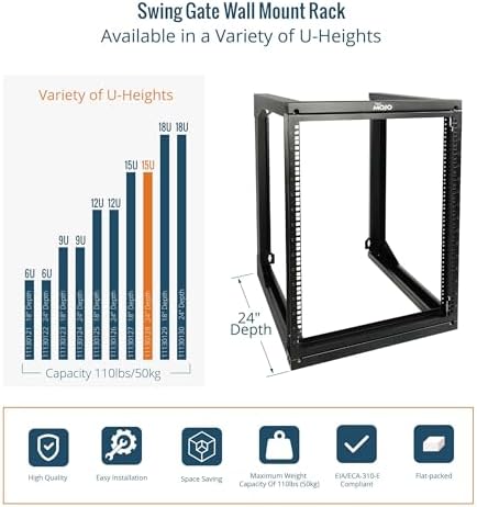 Tecmojo 15U Wall Mount Server Rack, Open Frame Network Rack for 19" Computer/AV/Data/IT/Media Equipment, 24" Depth, 16" Apart Mounting Holes, Swing Gate, Square and Tapped Holes - Image 5