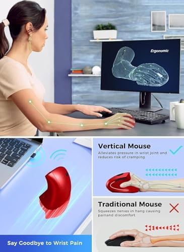 Ergonomic Mouse, Vertical Wireless Mouse 2.4G Rechargeable Optical Vertical Mouse High Precision Optical Mouse Adjustable800/1200/1600 DPI 6 Buttons, for Laptop etc, Red,Specially for Right-handers - Image 2