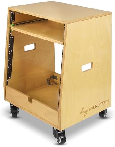 Sound Town DIY Slanted 10U Studio Rack (2U Top + 8U Lower), with 2U Bottom Storage, Slide-Out Tray, Caster, Plywood, Golden Oak For Recording Room, Home Studio (SDRK-ST10T) - Image 3