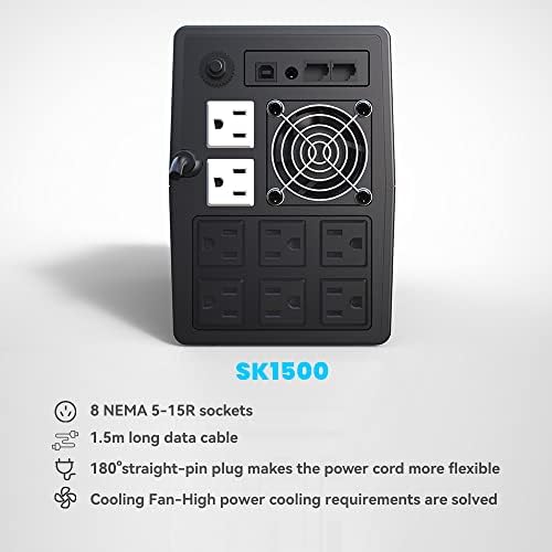 SKE SK1500 1500VA/900W UPS Battery Backup & Surge Protector - Uninterruptible Power Supply with LCD Display, AVR Voltage Regulation, 8 Outlets, Backup Power for PC, Router, NAS & Home Office - Image 6