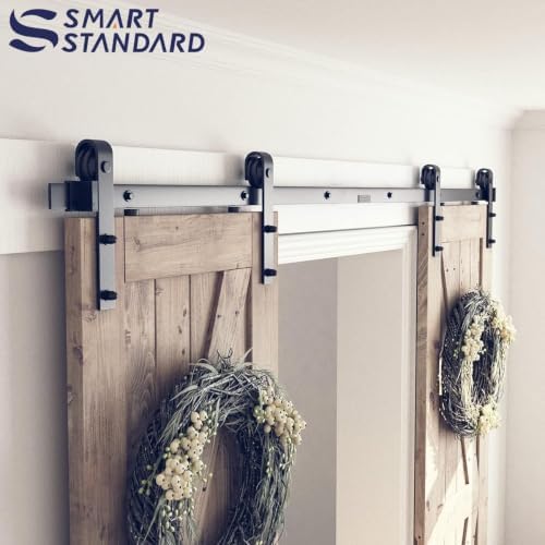 SMARTSTANDARD 8.2FT Double Barn Door Hardware Kit, Sliding Door Track-Smoothly and Quietly -Includes Detailed Installation Fit 24" Wide Door Panel(J Shape Hanger) Black - Image 4