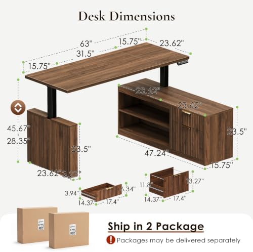 OffiGo Fluted 63 Inch L Shaped Electric Standing Desk with Storage, Walnut - Image 2