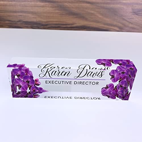 Artblox Office Desk Name Plate Personalized | Custom Name Plates for Desks | Purple Orchid Design On Clear Acrylic Glass | Office Desk Decor - (8" x 2.5") - Image 4
