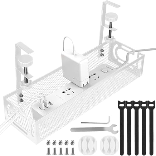 No-Drill Under Desk Cable Management Tray Tool-Free Installation with Dual Silicone Pads | No Adhesive, No Magnets, No Residue | Heavy-Duty Steel Construction for Wood & Glass Desktops (White) by Ephliexus