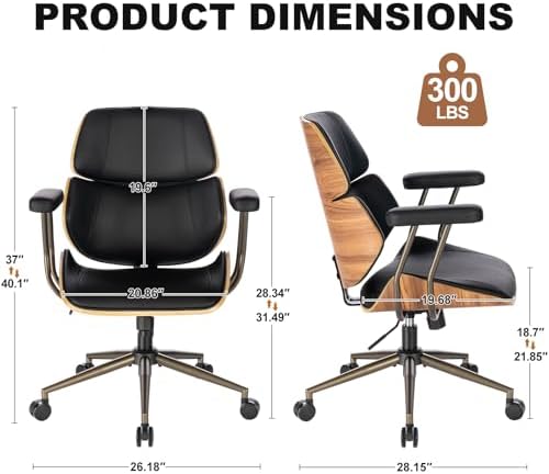 Mid Century Walnut Bentwood PU Leather Office Chair with Arms, Black - Image 2