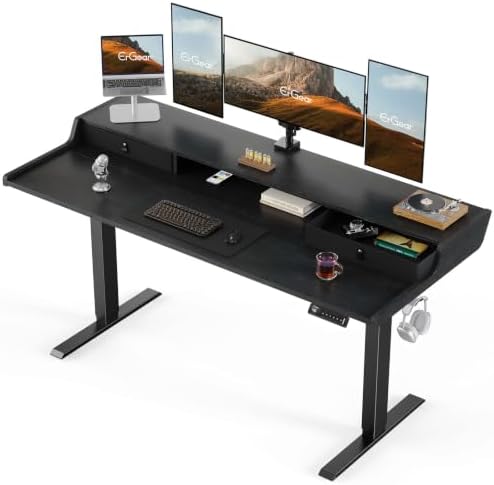 ErGear Electric Standing Desk with Drawers, 63″ x 28″ Gaming Table Compatible Monitor Stand, Stand up Desks, Home Office Height-Adjustable Desk with Storage Shelf, 4 Preset Heights, Black by ErGear