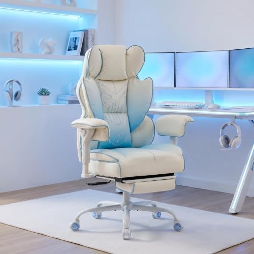 Big and Tall Gaming Office Chair 400lbs - Heavy Duty Ergonomic Computer Desk Chair with Footrest, Adjustable Armrests, High Back PU Leather with Racing Style （White/Blue） by Unknown